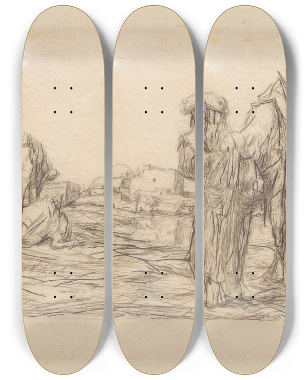 Triptych art skateboard deck of Marius Bauer Kamelen Met Drijver Voor Een Stad by Marius Bauer (1867-1932)