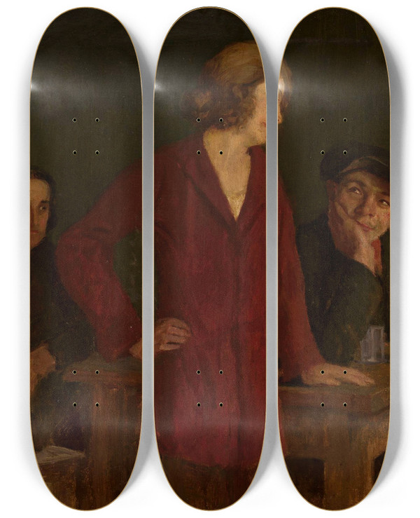 Triptych art skateboard deck of Stanisaw Lentz In A Tavern by Stanislaw Lentz (1861-1920)