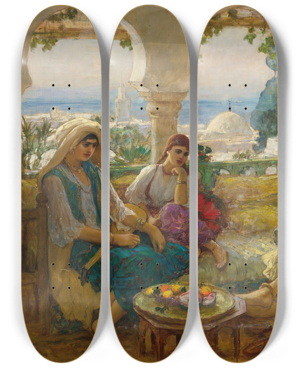 Triptych art skateboard deck of Frederick Arthur Bridgman On The Terrace by Frederick Arthur Bridgman (1847-1928)