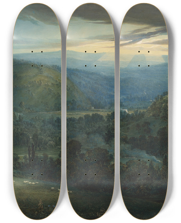 Triptych art skateboard deck of William Turner Of Oxford Dawn In The Valleys Of Devon by William Turner Of Oxford (1789-1862)