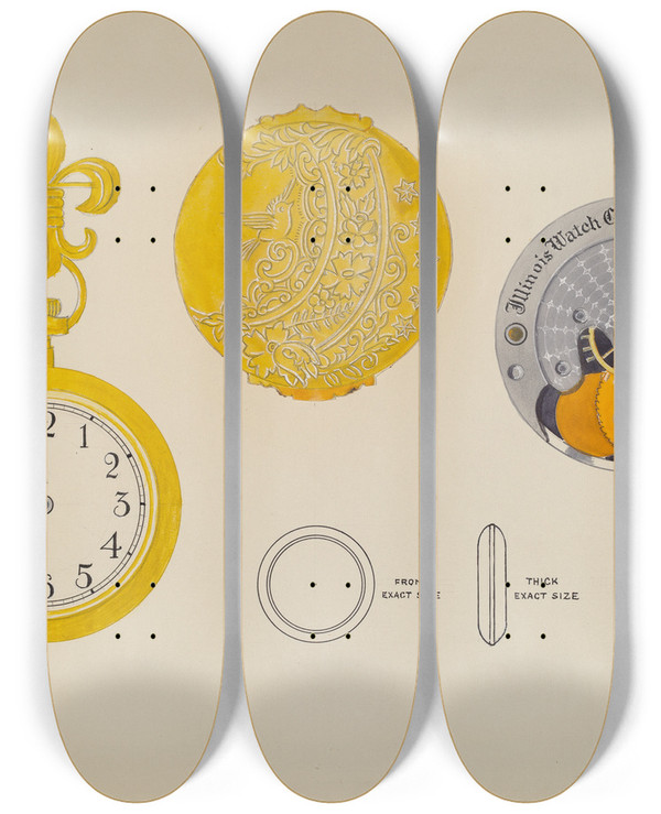 Triptych art skateboard deck of Harry G Aberdeen Ladys Watch Case And Frame by Harry G Aberdeen