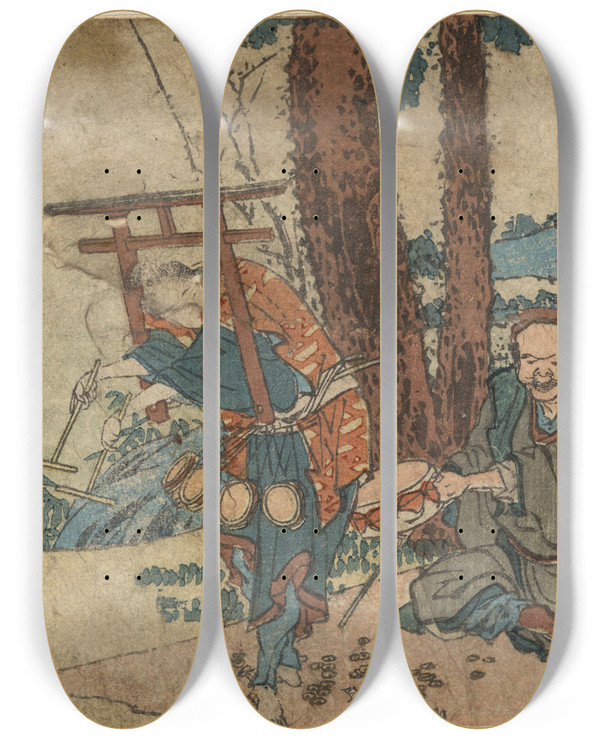 Triptych art skateboard deck of Katsushika Hokusai Nissaka by Katsushika Hokusai (1760-1849)
