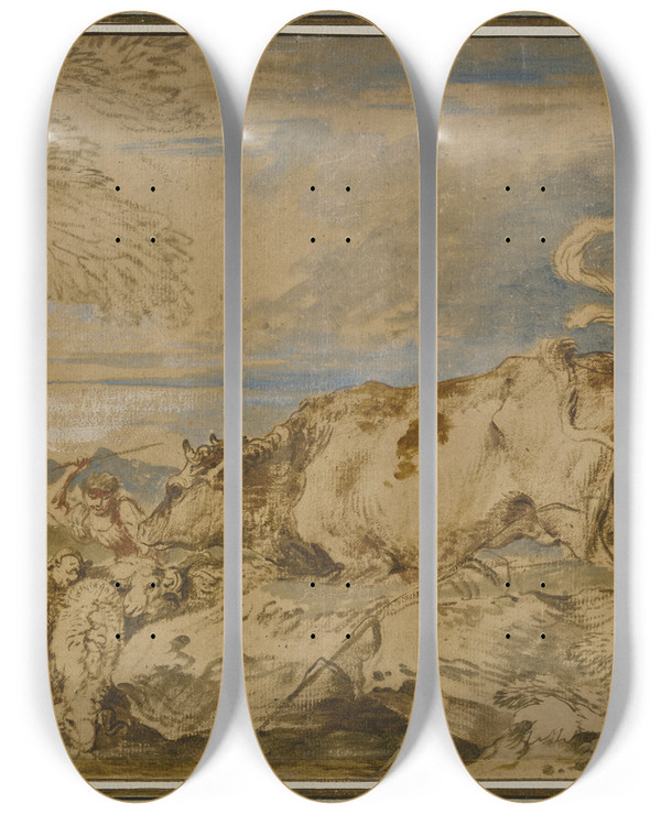 Triptych art skateboard deck of Giovanni Benedetto Castiglione Hirten Und Schferinnen Mit Einer Herde An Der Trnke by Giovanni Benedetto Castiglione (1609-1664)