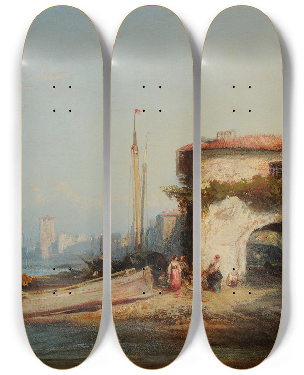 Triptych art skateboard deck of Flix Ziem Vue Ditalie by Felix Ziem (1821-1911)