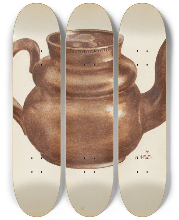 Triptych art skateboard deck of Margaret Stottlemeyer Teapot by Margaret Stottlemeyer