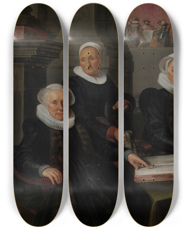 Triptych art skateboard deck of Werner Van Den Valckert Three Regentesses And The House Mother Of The Amsterdam Lepers Asylum by Werner van den Valckert (1580-1627)