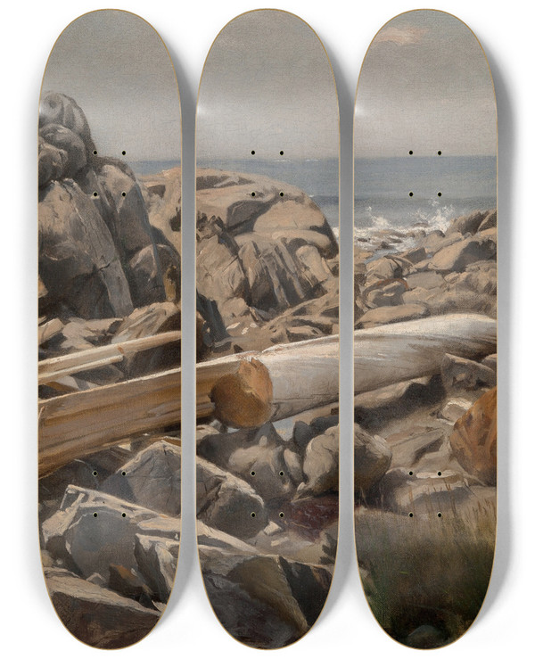 Triptych art skateboard deck of Samuel Colman Rocky Beach Pacific Coast by Samuel Colman (1832-1920)