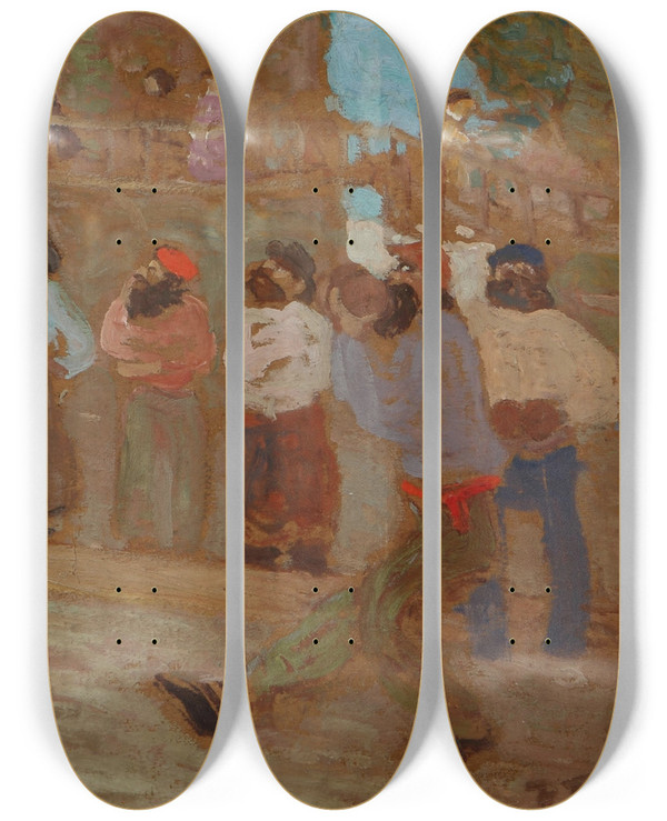 Triptych art skateboard deck of Pedro Figari Cancha De Bochas by Pedro Figari (1861-1938)