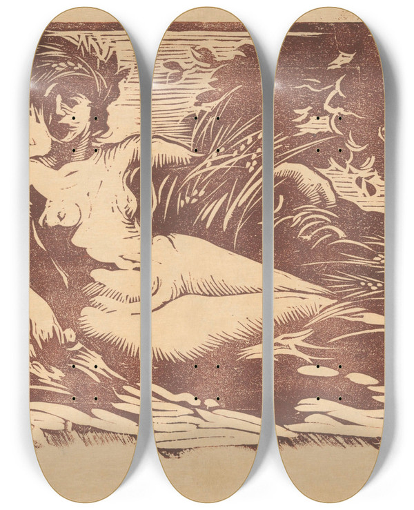 Triptych art skateboard deck of Huib Luns Ceres by Huib Luns (1881-1942)