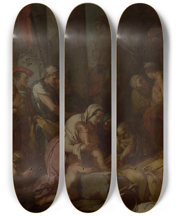 Triptych art skateboard deck of Giulio Carpioni Liriope Bringing Narcissus Before Tiresias by Giulio Carpioni (1613-1678)