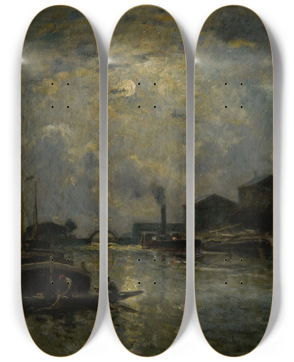 Triptych art skateboard deck of Stanislas Lpine Bateaux Sur Le Fleuve Clair De Lune by Stanislas Lepine (1835-1892)