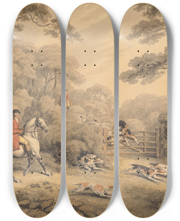Triptych art skateboard deck of Samuel Howitt Foxhunting Breaking Cover by Samuel Howitt (1756-1822)