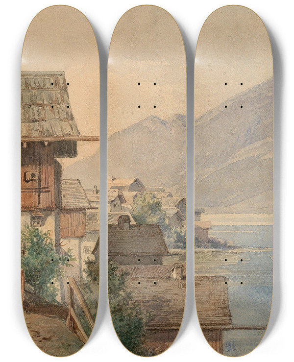 Triptych art skateboard deck of Gustav Barbarini Hallstatt by Gustav Barbarini (1840-1909)