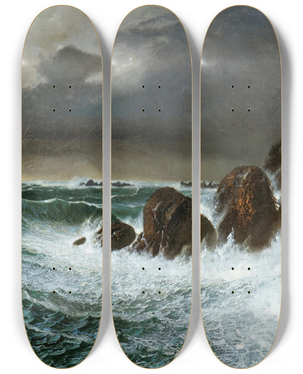 Triptych art skateboard deck of Octave Penguillylharidon Seagulls In The Storm by Octave Penguilly-L'haridon (1811-1872)