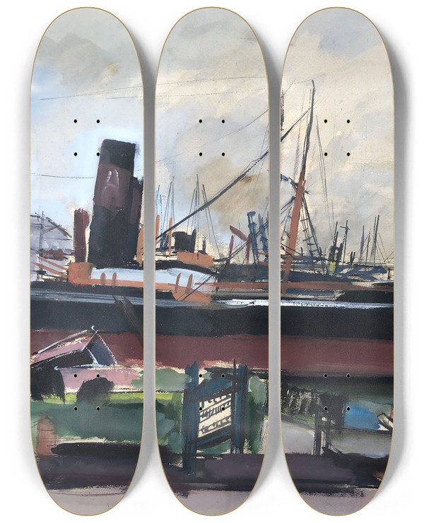 Triptych art skateboard deck of Otto Geigenberger Hafen In Amsterdam by Otto Geigenberger (1881-1946)