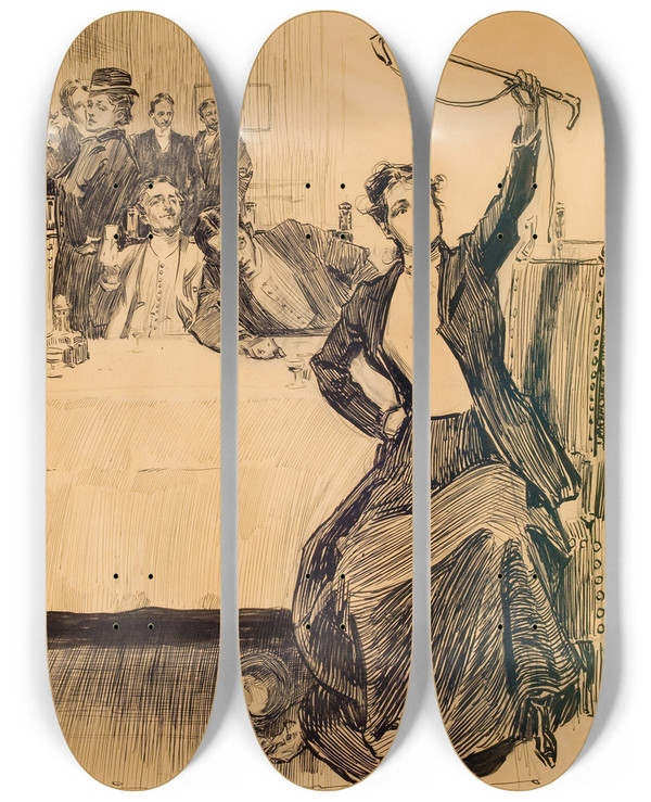 Triptych art skateboard deck of Charles Dana Gibson The Story Of The Hunt_1 by Charles Dana Gibson (1867-1944)