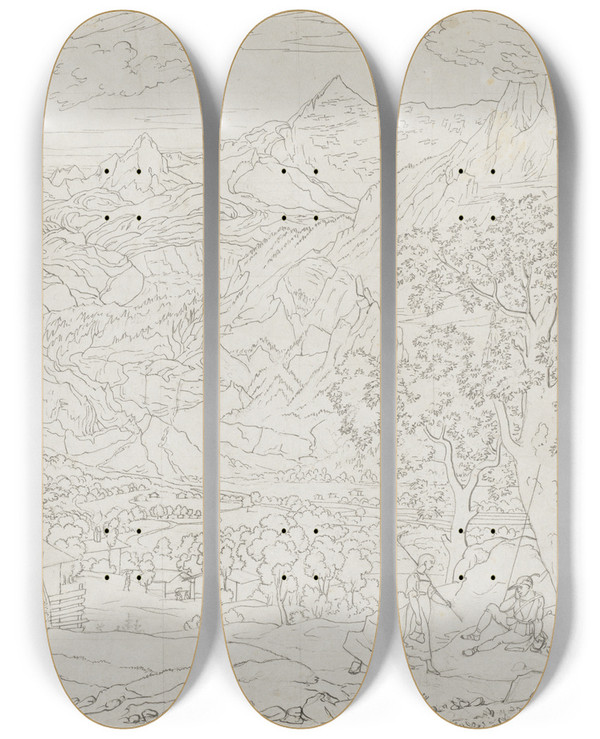 Triptych art skateboard deck of Joseph Anton Koch The Grindelwald Glacier With Hunter And Peasant Girl In Foreground by Joseph Anton Koch (1768-1839)