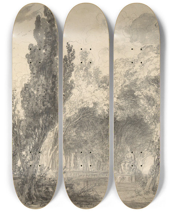 Triptych art skateboard deck of Jeanhonor Fragonard View Of A Park by Jean-Honor Fragonard (1732-1806)