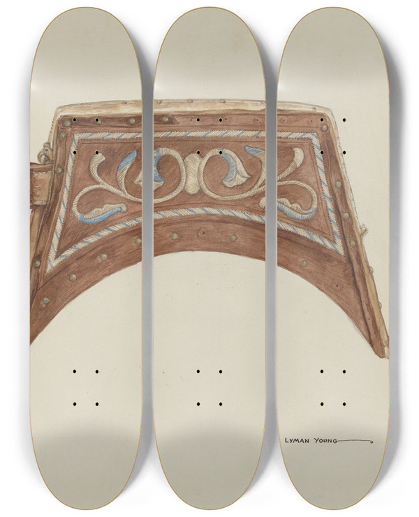 Triptych art skateboard deck of Lyman Young Leather Purse Top by Lyman Young