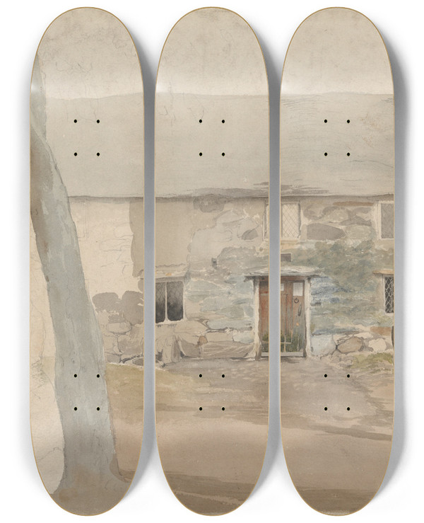 Triptych art skateboard deck of Cornelius Varley Cottages At Llanllyfni North Wales by Cornelius Varley (1781-1873)