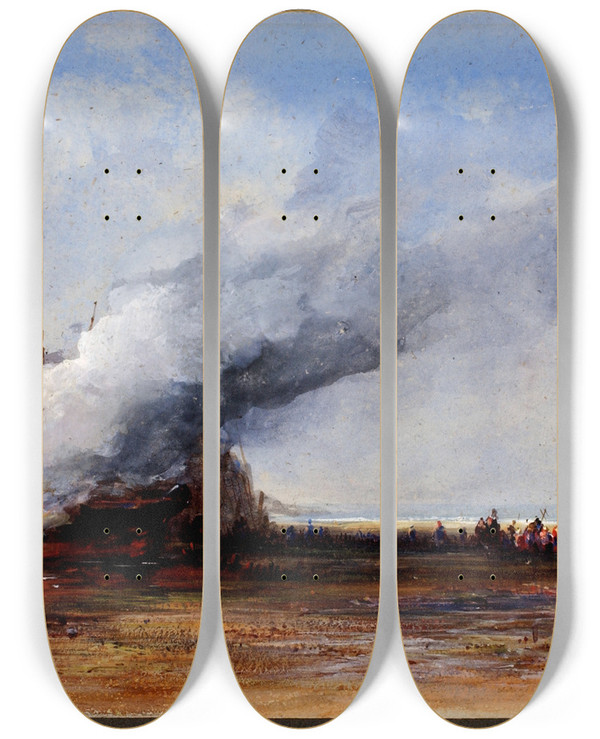 Triptych art skateboard deck of Francis Danby Burning Of An Old Boat by Francis Danby (1793-1861)