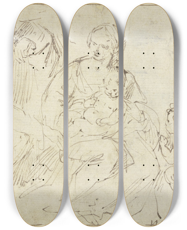 Triptych art skateboard deck of Guido Reni Heilige Familie Mit Dem Knienden Johannesknaben by Guido Reni (1575-1642)