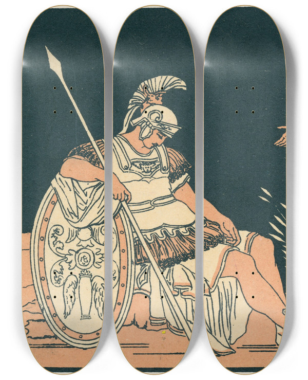 Triptych art skateboard deck of Bartolomeo Pinelli Aeneas And Tiber by Bartolomeo Pinelli (1781-1835)