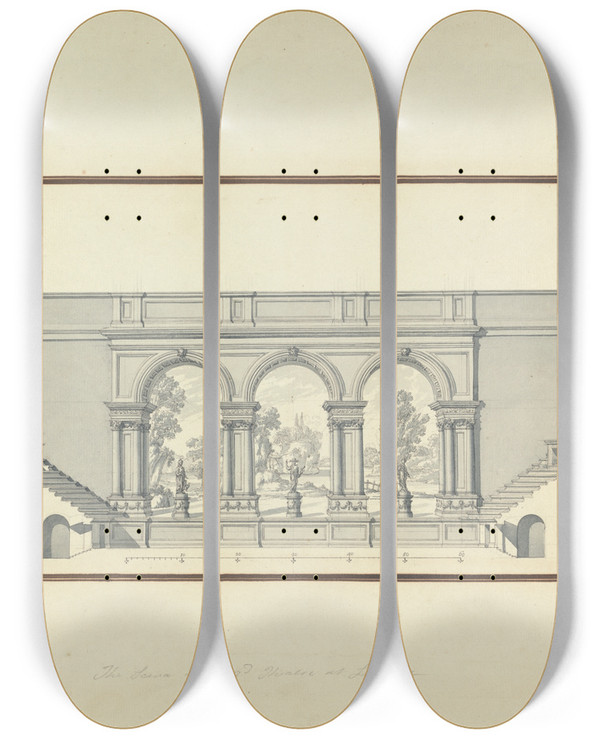 Triptych art skateboard deck of Giovanni Battista Borra Reconstruction Of The Second Theatre At Laodicea by Giovanni Battista Borra (1713-1770)