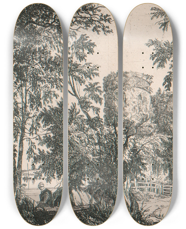 Triptych art skateboard deck of Joseph Stannard Old Whittlingham Church by Joseph Stannard (1797-1830)