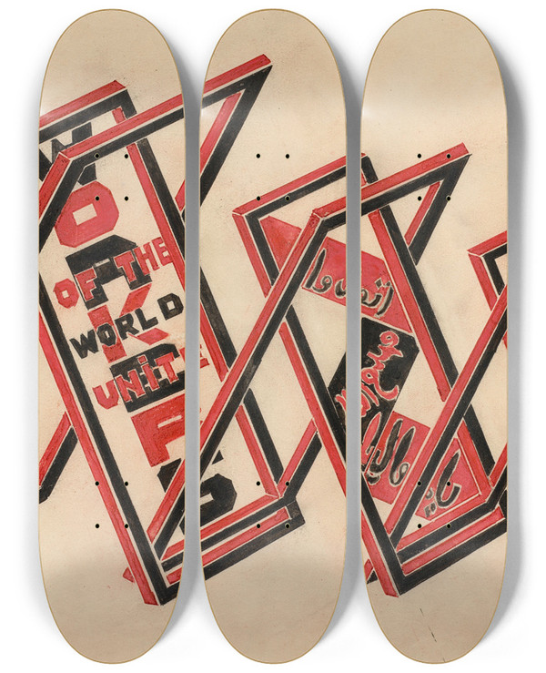 Triptych art skateboard deck of Gustav Klutsis Propaganda Stand Workers Of The World Unite by Gustav Klutsis (1895-1938)