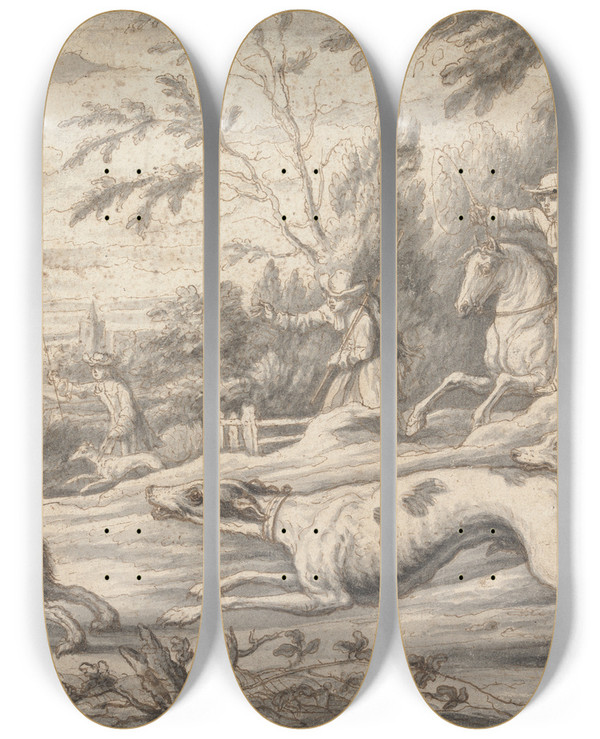 Triptych art skateboard deck of Francis Barlow Hare Hunting by Francis Barlow (1626-1704)