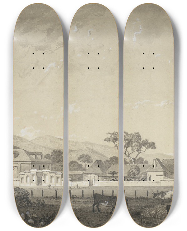 Triptych art skateboard deck of Michel Jean Cazabon Residence At Grange Grove Estate Tacarigua by Michel Jean Cazabon (1813-1888)
