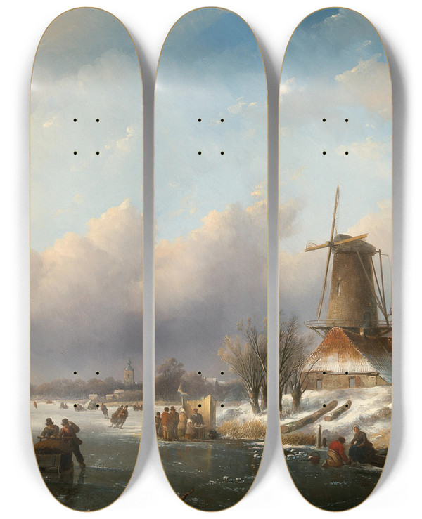 Triptych art skateboard deck of Jan Jacob Coenraad Spohler Skating Pleasures by Jan Jacob Coenraad Spohler (1837-1923)