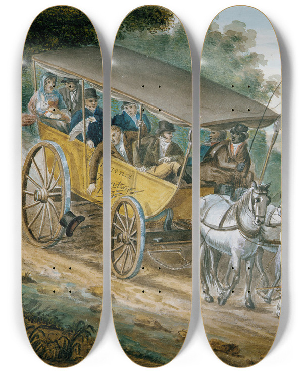 Triptych art skateboard deck of Pavel Petrovich Svinin Travel By Stagecoach Near Trenton New Jersey by Pavel Petrovich Svinin (1787-1839)
