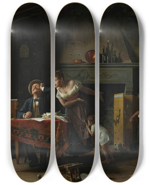 Triptych art skateboard deck of Pietro Saltini Le Gioie Di Casa Home Sweet Home by Pietro Saltini (1839-1908)