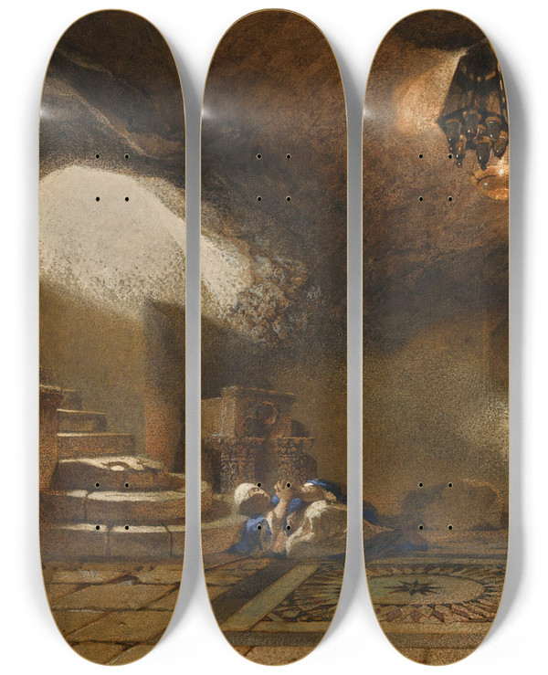 Triptych art skateboard deck of Carl Haag The Cave Beneath The Holy Rock Jerusalem by Carl Haag (1820-1915)