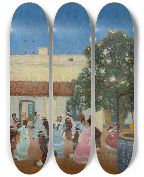 Triptych art skateboard deck of Pedro Figari Patio by Pedro Figari (1861-1938)