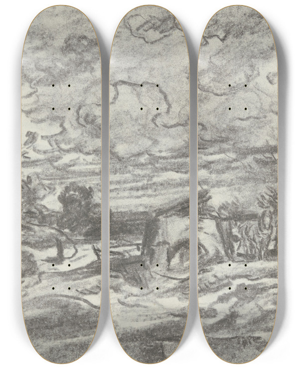 Triptych art skateboard deck of Anton Burger Landscape In Stormy Weather by Anton Burger (1824-1905)