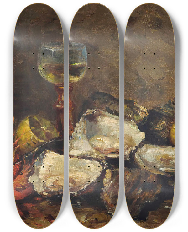 Triptych art skateboard deck of Hubert Bellis Oysters And Prawns With A Glass Of Wine by Hubert Bellis (1831-1902)