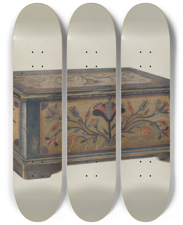 Triptych art skateboard deck of Betty Jean Davis Pa German Sample Chest by Betty Jean Davis