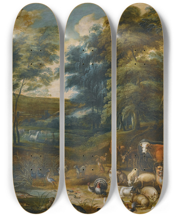 Triptych art skateboard deck of Isaac Van Oosten The Garden Of Eden by Isaac Van Oosten (1613-1661)