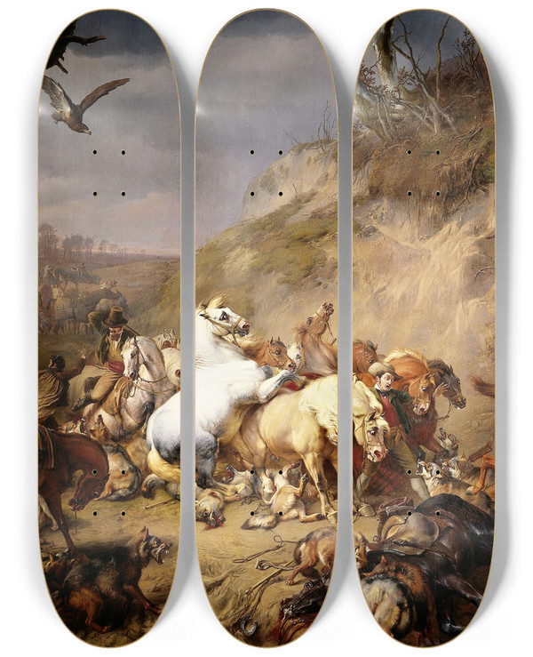 Triptych art skateboard deck of Eugne Joseph Verboeckhoven Hungry Wolves Attacking A Party Of Riders by Eugene Joseph Verboeckhoven (1798-1881)