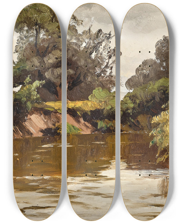 Triptych art skateboard deck of Josef Willroider A River Landscape by Josef Willroider (1838-1915)