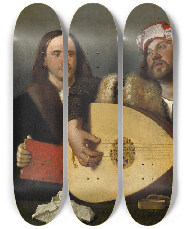 Triptych art skateboard deck of Cariani A Concert by Cariani (1490-1547)