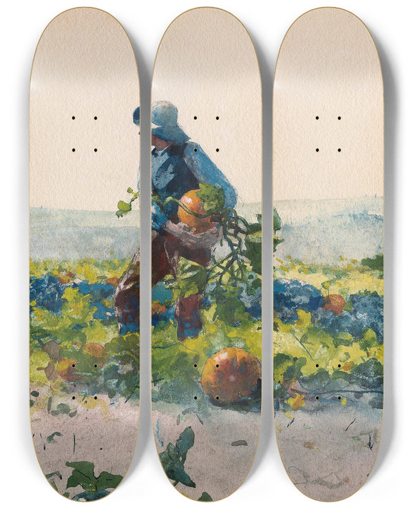 Triptych art skateboard deck of Winslow Homer For To Be A Farmers Boy by Winslow Homer (1836-1910)