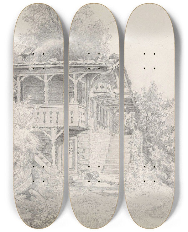 Triptych art skateboard deck of Adolph Tidemand Fra Meiringen by Adolph Tidemand (1814-1876)