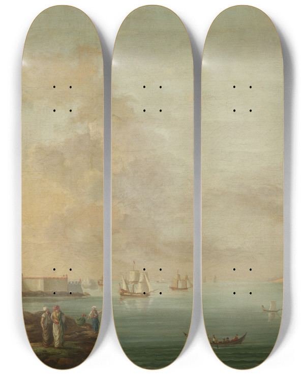 Triptych art skateboard deck of Antoine Van Der Steen View Of The Dardanelles by Antoine van der Steen (18-)