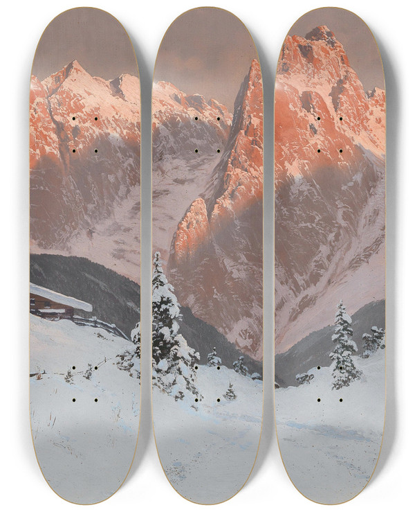 Triptych art skateboard deck of Toni Haller The Kaisertal In The Evening Light by Toni Haller (1907-1944)