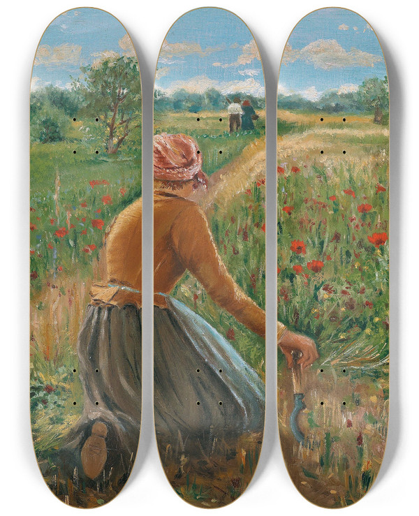 Triptych art skateboard deck of Theodor Von Hrmann Knieende Buerin Mit Sichel by Theodor Von Hormann (1840-1895)