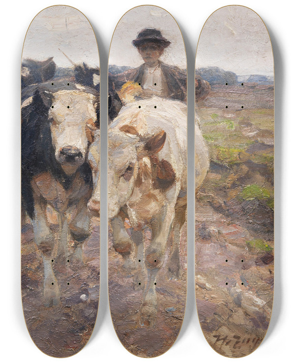 Triptych art skateboard deck of Heinrich Von Zgel Hirte Mit Jungrindern_2 by Heinrich Von Zugel (1850-1941)